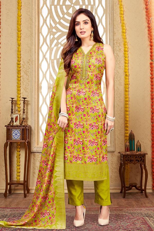 Picture of Classy Green Designer Straight Cut Suit for Mehendi, Festivals, Sangeet, and Parties