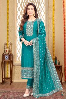 Picture of Delightful Aqua Designer Straight Cut Suit for Wedding, Reception, Festivals, Sangeet, and Parties