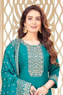 Picture of Delightful Aqua Designer Straight Cut Suit for Wedding, Reception, Festivals, Sangeet, and Parties