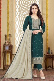 Picture of Lovely Peacock Blue Designer Straight Cut Suit for Wedding, Reception, Festivals, Sangeet, and Parties