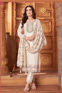 Picture of Alluring Cream Designer Straight Cut Suit for Festivals, Sangeet, and Parties