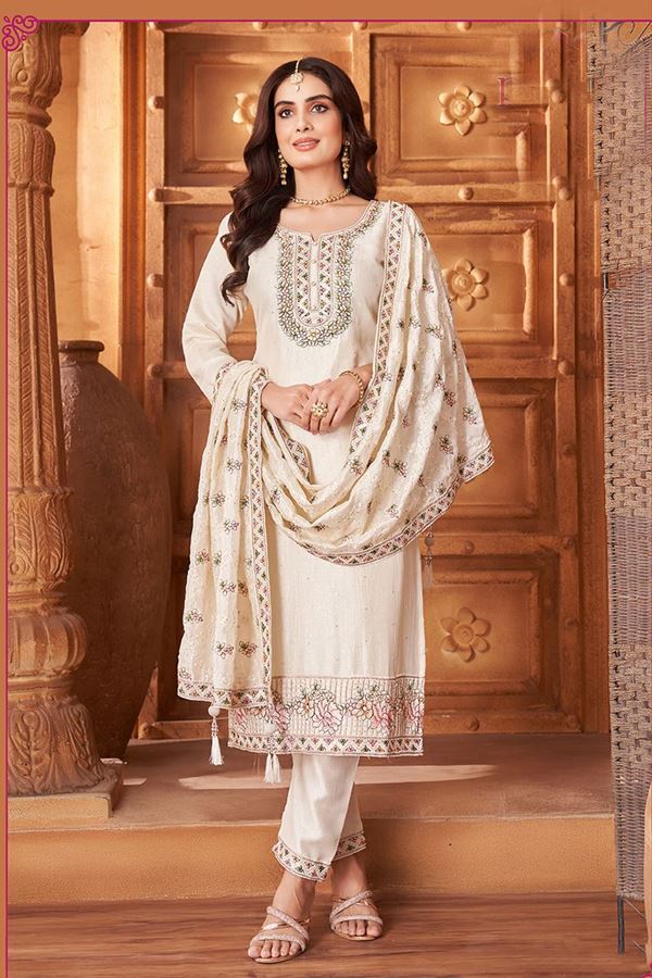 Picture of Alluring Cream Designer Straight Cut Suit for Festivals, Sangeet, and Parties
