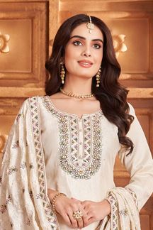 Picture of Alluring Cream Designer Straight Cut Suit for Festivals, Sangeet, and Parties