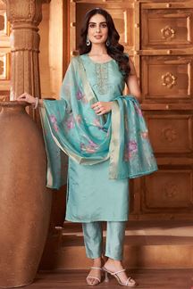 Picture of Exuberant Aqua Blue Designer Straight Cut Suit for Engagement, Festivals, Sangeet, and Parties