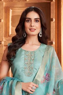 Picture of Exuberant Aqua Blue Designer Straight Cut Suit for Engagement, Festivals, Sangeet, and Parties