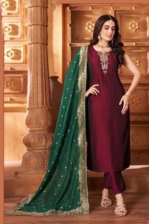 Picture of Marvelous Maroon Designer Straight Cut Suit for Wedding, Reception, Festivals, Sangeet, and Parties