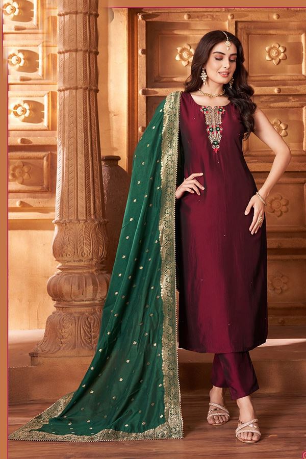 Picture of Marvelous Maroon Designer Straight Cut Suit for Wedding, Reception, Festivals, Sangeet, and Parties