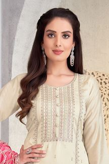 Picture of Trendy Off-White Designer Straight Cut Suit for Reception, Festivals, Sangeet, and Parties