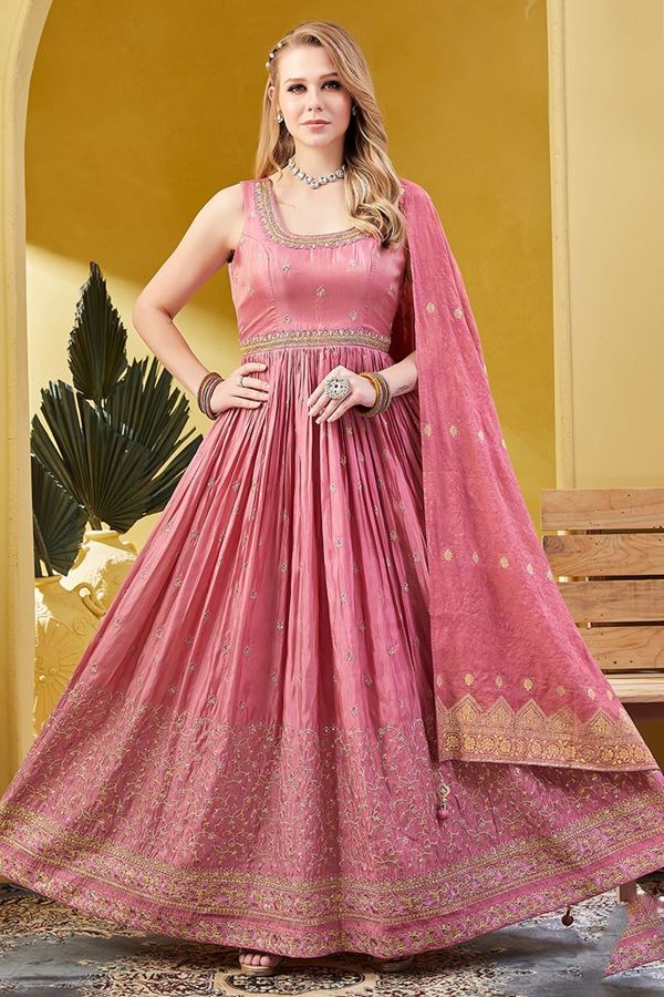 Picture of Ethnic Pink Silk Designer Anarkali Suit for Engagement, Festivals, Sangeet, and Parties