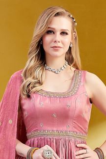 Picture of Ethnic Pink Silk Designer Anarkali Suit for Engagement, Festivals, Sangeet, and Parties
