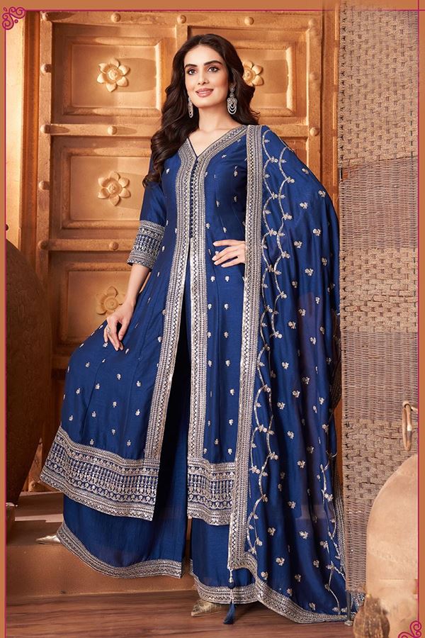 Picture of Flawless Navy Blue Silk Designer Anarkali Suit for Wedding, Reception, Festivals, Sangeet, and Parties
