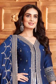 Picture of Flawless Navy Blue Silk Designer Anarkali Suit for Wedding, Reception, Festivals, Sangeet, and Parties