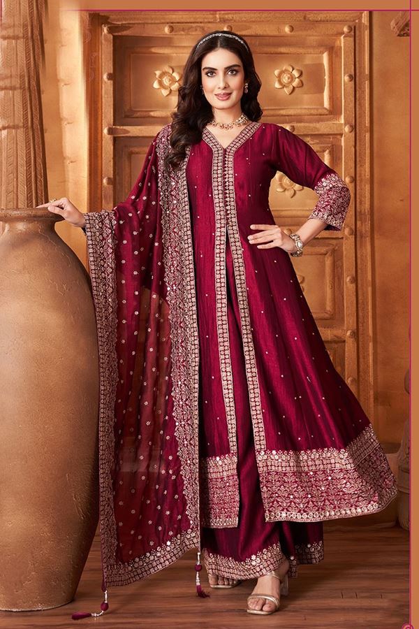 Picture of Charismatic Maroon Silk Designer Anarkali Suit for Wedding, Reception, Festivals, Sangeet, and Parties