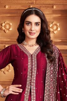 Picture of Charismatic Maroon Silk Designer Anarkali Suit for Wedding, Reception, Festivals, Sangeet, and Parties
