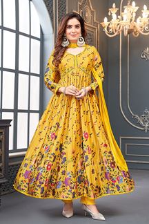 Picture of Smashing Yellow Silk Designer Anarkali Suit for Haldi, Festivals, Sangeet, and Parties