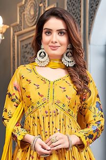 Picture of Smashing Yellow Silk Designer Anarkali Suit for Haldi, Festivals, Sangeet, and Parties