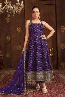 Picture of Splendid Dark Blue Silk Designer Anarkali Suit for Engagement, Wedding, Reception, Festivals, Sangeet, and Parties