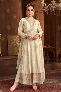 Picture of Outstanding Cream Designer Straight Cut Suit for Engagement, Reception, Festivals, Sangeet, and Parties