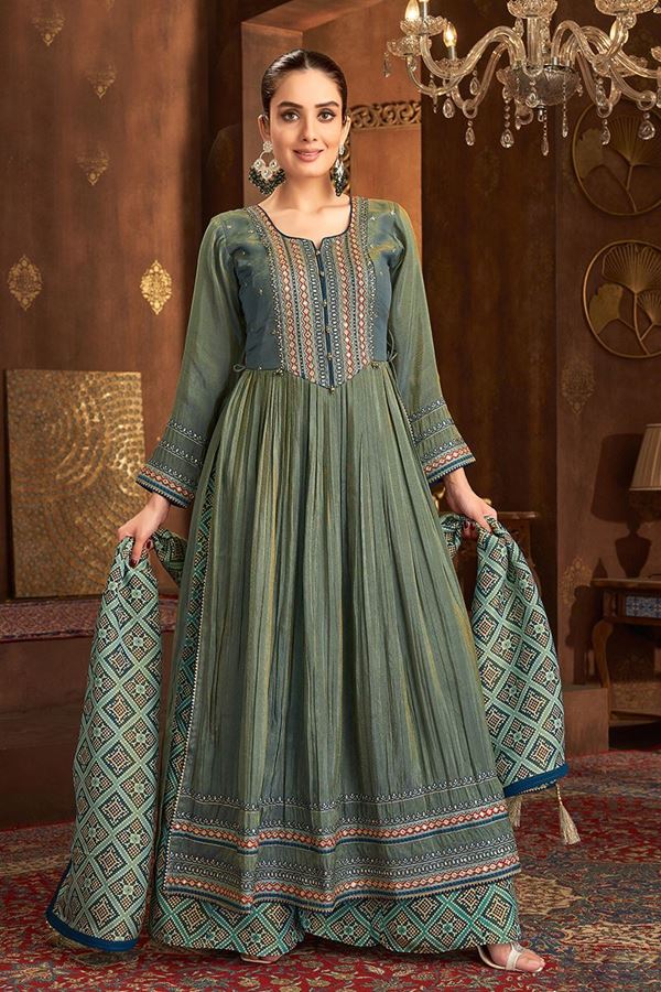 Picture of Alluring Teal Designer Straight Cut Suit for Engagement, Reception, Festivals, Sangeet, and Parties
