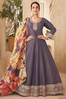 Picture of Creative Purple Silk Designer Anarkali Suit for Engagement, Wedding, Reception, Festivals, Sangeet, and Parties