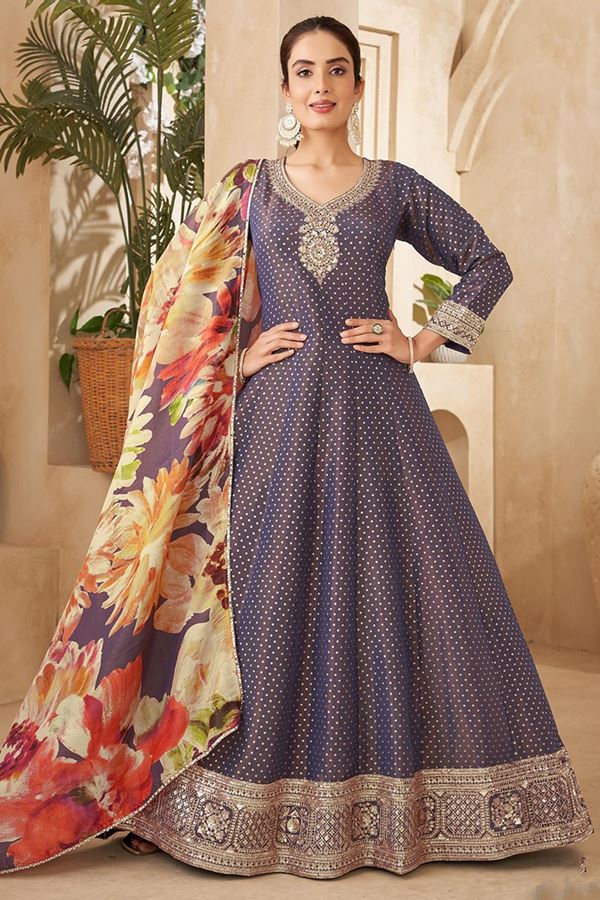 Picture of Creative Purple Silk Designer Anarkali Suit for Engagement, Wedding, Reception, Festivals, Sangeet, and Parties