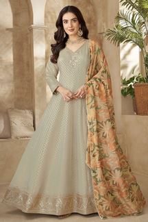 Picture of Bollywood Grey Silk Designer Anarkali Suit for Engagement, Reception, Festivals, Sangeet, and Parties