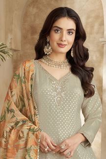 Picture of Bollywood Grey Silk Designer Anarkali Suit for Engagement, Reception, Festivals, Sangeet, and Parties