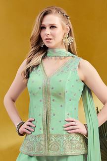 Picture of Classy Sea Green Designer Palazzo Suit for Engagement, Reception, Festivals, Sangeet, and Parties