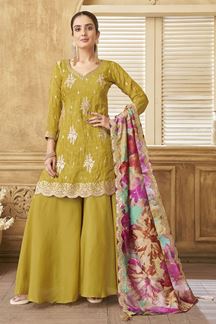 Picture of Ethnic Mustard Designer Palazzo Suit for Haldi, Engagement, Reception, Wedding, Festivals, Sangeet, and Parties