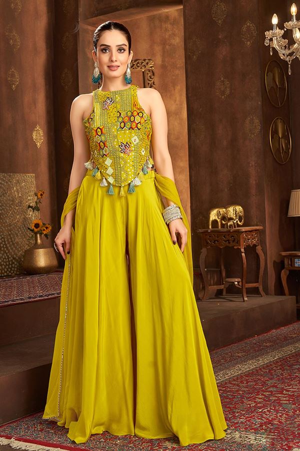 Picture of Royal Yellow Designer Palazzo Suit for Haldi, Engagement, Reception, Festivals, Sangeet, and Parties