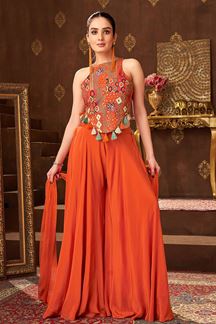 Picture of Aesthetic Orange Designer Palazzo Suit for Engagement, Reception, Festivals, Sangeet, and Parties