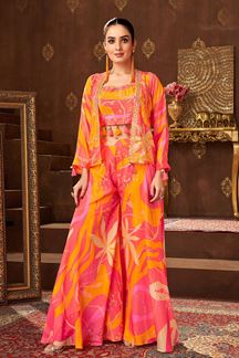 Picture of Enticing Peach and Orange Designer Palazzo Suit for Engagement, Reception, Festivals, Sangeet, and Parties