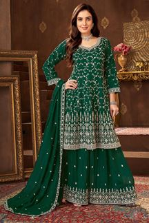 Picture of Delightful Dark Green Designer Palazzo Suit for Mehendi, Wedding, Reception, Festivals, Sangeet, and Parties