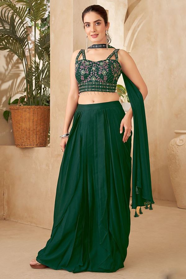 Picture of Exuberant Bottle Green Designer Indo-Western Lehenga Choli for Mehendi, Reception, Sangeet, and Parties