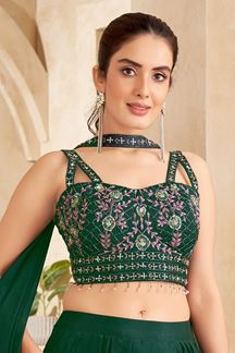 Picture of Exuberant Bottle Green Designer Indo-Western Lehenga Choli for Mehendi, Reception, Sangeet, and Parties