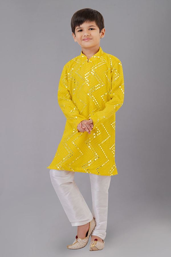 Picture of Dashing Yellow Designer Kid’s Kurta Pajama for Haldi, Reception, Festivals, Sangeet, and Parties