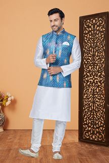 Picture of  Classy White and Multi Designer Men’s Kurta Jacket Sets for Engagement, Wedding, Reception, Sangeet, and Party