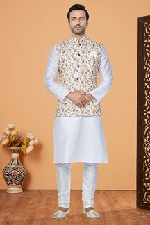 Picture of  Enticing White and Multi Designer Men’s Kurta Jacket Sets for Engagement, Reception, Sangeet, and Party