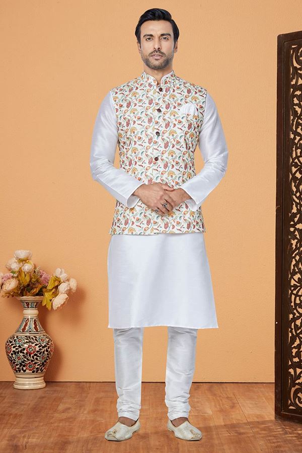 Picture of  Enticing White and Multi Designer Men’s Kurta Jacket Sets for Engagement, Reception, Sangeet, and Party