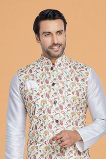 Picture of  Enticing White and Multi Designer Men’s Kurta Jacket Sets for Engagement, Reception, Sangeet, and Party