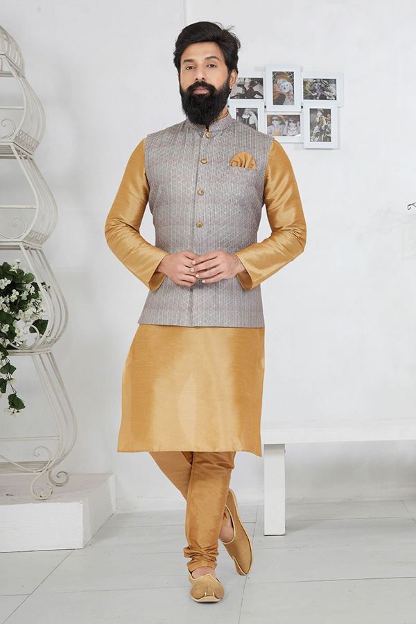 Picture of  Exuberant Chiku and Grey Designer Men’s Kurta Jacket Sets for Engagement, Wedding, Reception, Sangeet, and Party