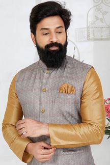 Picture of  Exuberant Chiku and Grey Designer Men’s Kurta Jacket Sets for Engagement, Wedding, Reception, Sangeet, and Party