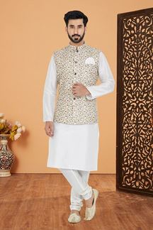 Picture of  Charming White and Multi Designer Men’s Kurta Jacket Sets for Engagement, Reception, Sangeet, and Party
