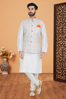 Picture of  Exquisite White Designer Men’s Kurta Jacket Sets for Engagement, Reception, Sangeet, and Party