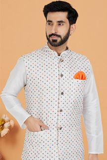 Picture of  Exquisite White Designer Men’s Kurta Jacket Sets for Engagement, Reception, Sangeet, and Party