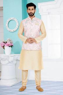 Picture of  Delightful Cream and Light Pink Designer Men’s Kurta Jacket Sets for Engagement, Reception, Sangeet, and Party