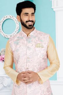 Picture of  Delightful Cream and Light Pink Designer Men’s Kurta Jacket Sets for Engagement, Reception, Sangeet, and Party