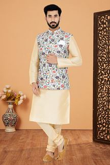 Picture of  Impressive Cream and Multi Designer Men’s Kurta Jacket Sets for Engagement, Reception, Sangeet, and Party