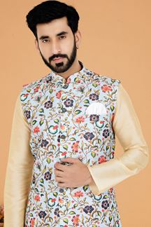 Picture of  Impressive Cream and Multi Designer Men’s Kurta Jacket Sets for Engagement, Reception, Sangeet, and Party