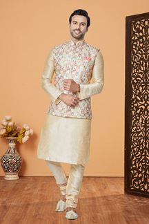 Picture of  Magnificent Cream and Multi Designer Men’s Kurta Jacket Sets for Engagement, Reception, Sangeet, and Party